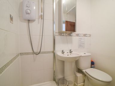 A bathroom with a shower, sink, toilet, and mirrored cabinet at 3 Bay View Court Lyme Regis