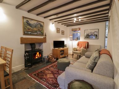 A living room with a fireplace TV gray sofa and armchair at Henfro in Beddgelert