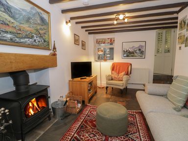 A living room with a wood burning stove a television an armchair and a sofa at Henfro in Beddgelert