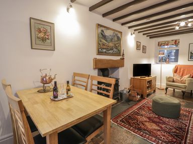 A dining table with chairs and a kettle next to a living area with a wood stove television armchair and a rug at Henfro in Beddgelert