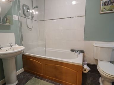 A bathroom with a pedestal sink a bathtub with wooden paneling a wall-mounted shower and a toilet at Henfro in Beddgelert