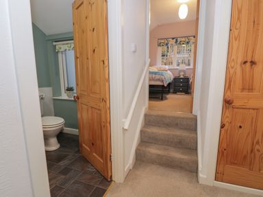 A hallway with carpeted stairs leading to a bedroom and a bathroom with a wooden door at Henfro in Beddgelert