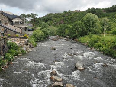 A river flowing alongside buildings and trees at Henfro in Beddgelert