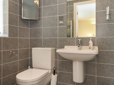 A bathroom with a toilet and a wall-mounted sink with a mirror above at Chase View Bowland Bridge near Bowness-On-Windermere