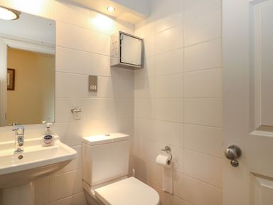 A bathroom with a sink soap dispenser toilet toilet paper holder and a wall cabinet at Chase View Bowland Bridge near Bowness-On-Windermere