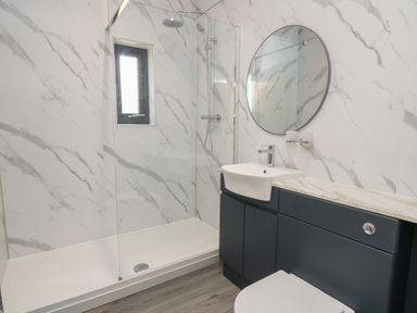 A bathroom with a walk-in shower sink with mirror and toilet at Heritage in St Clears
