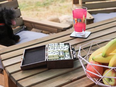 A wooden outdoor table with dominoes in a box a glass with a pink design and a bowl of bananas and apples and a black dog sitting on a wooden chair at Pine Marten in Dornoch