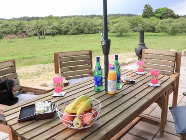 An outdoor wooden table with fruit bowl bottles drinks sushi and domino game on a patio with wooden chairs and green field in the background at Pine Marten in Dornoch