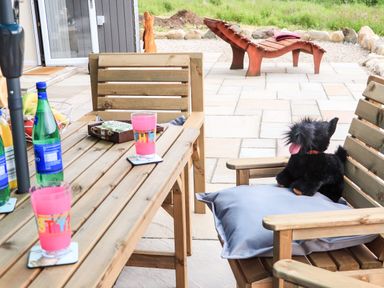 An outdoor patio table with drinks and a game set next to wooden chairs a plush black dog toy is on a chair with a cushion and a lounge chair in the background Pine Marten Dornoch