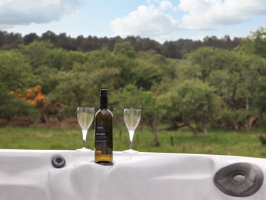 A bottle of wine and two wine glasses on the edge of a hot tub with trees and grass in the background at Pine Marten in Dornoch