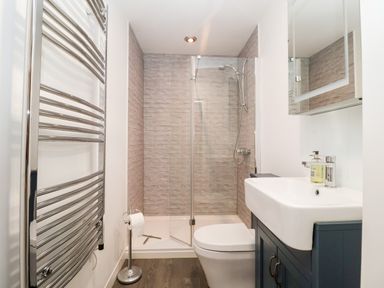 A bathroom with a shower, toilet, sink, towel rack, and mirror cabinet at Cavan Cottage in Yoxford
