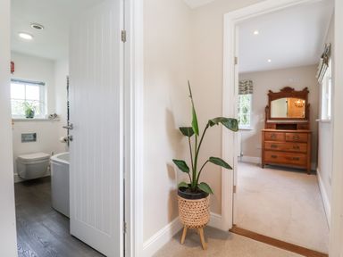 A hallway with a plant in a pot next to an open door leading to a bathroom and another room with a wooden dresser at Cavan Cottage in Yoxford