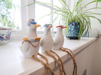 Three decorative seagull figurines with ropes for legs on a windowsill with a potted plant and a ceramic pot at Cavan Cottage in Yoxford