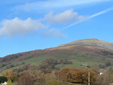 A hillside with scattered trees and an old antenna in the foreground at Fairfield View in Ambleside
