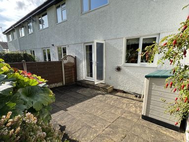 A paved patio area with plants and a plastic storage shed outside a row of houses at Fairfield View in Ambleside