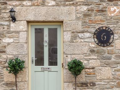 A stone exterior wall with a green double panel door and two small potted trees at Potters Barn in Trevarno near Helston