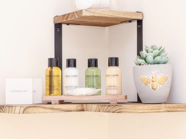 A wooden shelf with small bottles of toiletries a shower cap kit and a potted succulent at Potters Barn in Trevarno near Helston