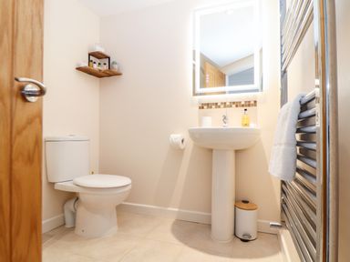 A bathroom with a toilet sink wall shelf and towel rack at Potters Barn Trevarno near Helston