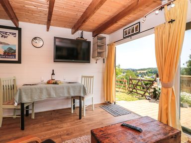A dining area with a table, two chairs, a TV on the wall, and a door open to a garden view at Dart View Hideout in Totnes