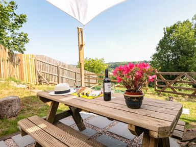 A wooden picnic table with a potted flower, wine bottle, glass, hat, and food under a canopy in a garden at Dart View Hideout in Totnes