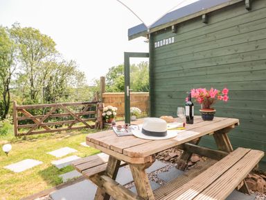A wooden picnic table outside with wine bottle flowers and a hat near a green building and a wooden gate at Dart View Hideout in Totnes
