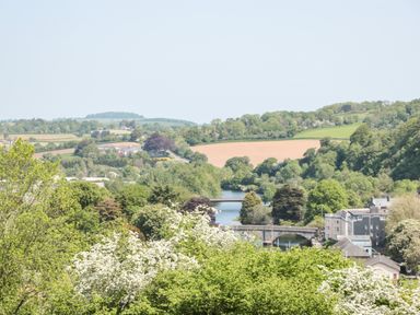 A river with bridges surrounded by trees and buildings in a rural landscape at Dart View Hideout in Totnes