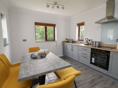 A kitchen with gray cabinets yellow chairs a table and windows showing greenery outside at Sea View in St Clears