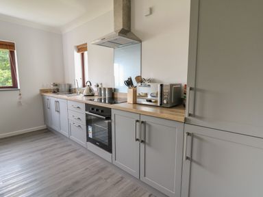A kitchen with grey cabinets wooden countertops an oven microwave kettle and two windows at Sea View in St Clears
