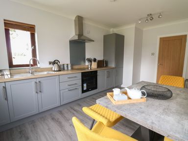 A kitchen with grey cabinets wooden countertop yellow chairs and a concrete dining table at Sea View in St Clears