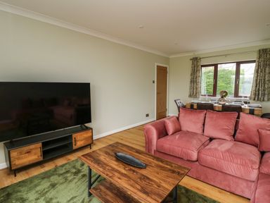 A living room with a red sofa wooden coffee table and large TV on stand at The Oaks in St Clears