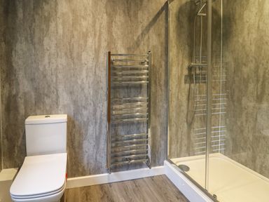 A bathroom with a toilet a chrome towel radiator and a shower enclosure with glass doors at The Oaks in St Clears
