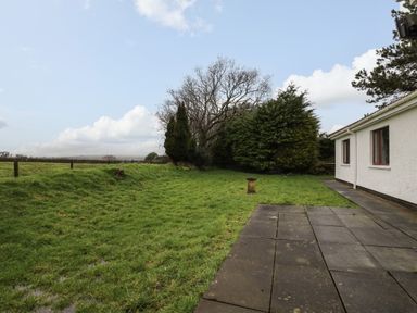 A grassy backyard with trees and a paved patio beside a white house at The Oaks in St Clears