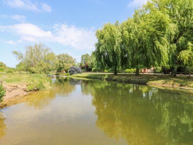 A river with green trees and grass on the banks under a blue sky at Kingfisher in Isleham