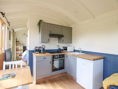 A small kitchen with grey cabinets wooden countertops a white fridge and microwave at Mucklewick Hollow in Minsterley near Bishops Castle