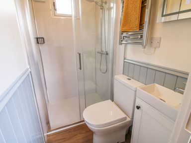 A small bathroom with a shower enclosure a toilet and a sink at Mucklewick Hollow in Minsterley near Bishops Castle