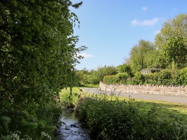 A small stream with plants and trees beside a gravel path and stone wall at Mucklewick Hollow in Minsterley near Bishops Castle