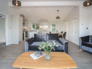 A living room with a gray sofa a wooden coffee table with flowers and magazine and a kitchen and dining area in the background at Bluebell Lodge in Norton near Dartmouth