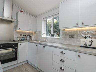 A kitchen with white cabinets a stainless steel oven toaster and a window at Bluebell Lodge in Norton near Dartmouth