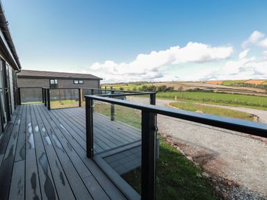 An outdoor deck with glass railings overlooking a gravel driveway and green fields at Bluebell Lodge in Norton near Dartmouth