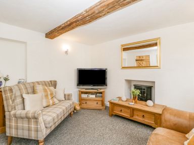 A living room with a plaid sofa a television on a wooden stand a wood stove and a wooden coffee table at 4 Wallflower Row Mordiford near Hereford