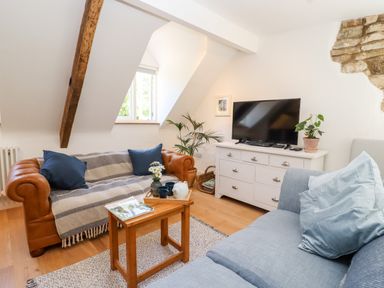 A living room with two sofas a wooden coffee table a white cabinet with a television and plants at Spring Cottage in Stroud