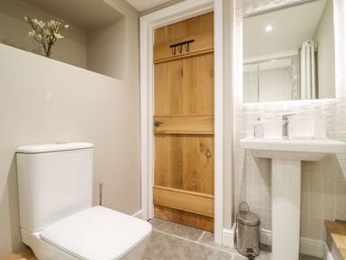 A bathroom with a white toilet and pedestal sink with mirror and wooden door at Spring Cottage in Stroud