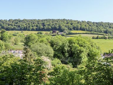 A countryside view with green trees and hills in the background at Spring Cottage in Stroud