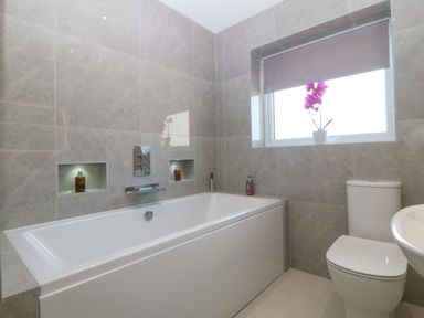 A bathroom with a bathtub toilet window and a flower pot at Hedd in Amlwch