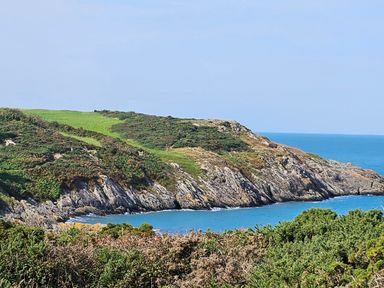 A coastal landscape with rocky cliffs green vegetation and blue sea at Hedd in Amlwch