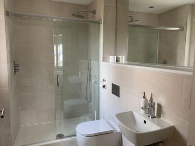 A bathroom with a shower enclosure toilet sink and mirror at Galwad y Mor in Broad Haven