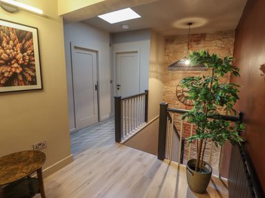 A hallway with two closed doors a staircase railing a hanging light a potted plant a framed picture and a small wooden side table at Glencoe House in Wooler
