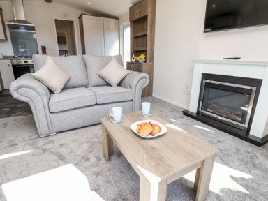 A living room with a grey sofa pillows a wooden coffee table with pastries and mugs a fireplace and a wall mounted television at Mayflower Lodge in Runswick Bay near Staithes