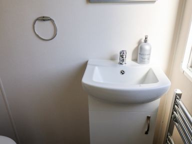 A bathroom sink with a soap dispenser and a towel ring on the wall at Mayflower Lodge in Runswick Bay near Staithes