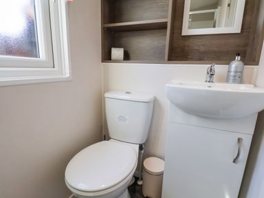 A bathroom with a toilet sink mirror and a small trash bin at Mayflower Lodge in Runswick Bay near Staithes